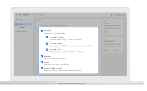New Google Demand Gen settings show channel controls for placement across YouTube, Discover, Gmail, and GDN