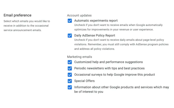 AdSense email preferences interface shows all notification options, including marketing and updates