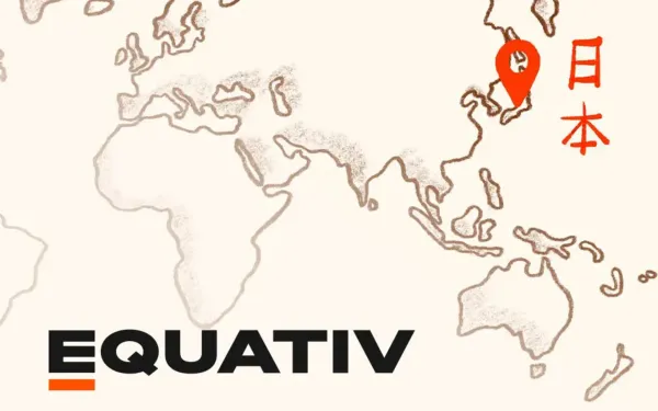 World map highlighting Equativ's expansion to Japan with red marker and Japanese characters, emphasizing APAC growth.