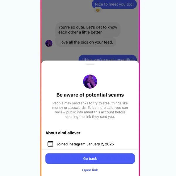 Instagram scam warning shows suspicious chat with quick flirtatious messages from new January 2025 account