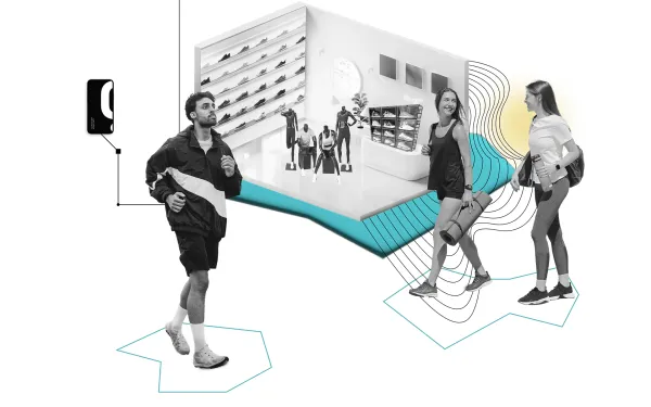 Retail footfall tracking visualization shows real-time store visit measurement in a modern sportswear shop.