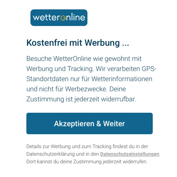 WetterOnline's weather app consent screen explains data and advertising policy to German users