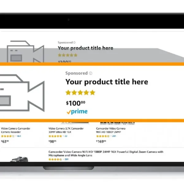 Amazon Sponsored Products ads displaying in search results, showing product listings with prices and Prime eligibility.