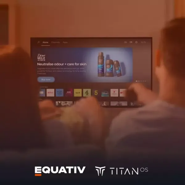 Titan OS smart TV interface showing shoppable ad technology from Equativ partnership for retail media.