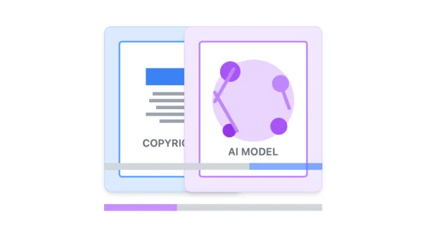 Illustration showing copyright documents and AI model diagrams, visualizing the balance between creative rights and AI training.