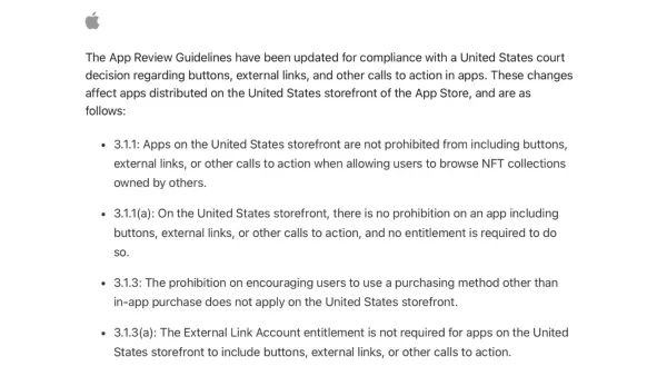  "Apple's new App Store guidelines remove restrictions on external payment options for US developers