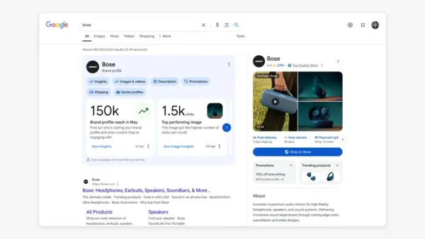 Google's new brand profile feature displays Bose audio products with AI-generated insights and shopping integration on Search results.