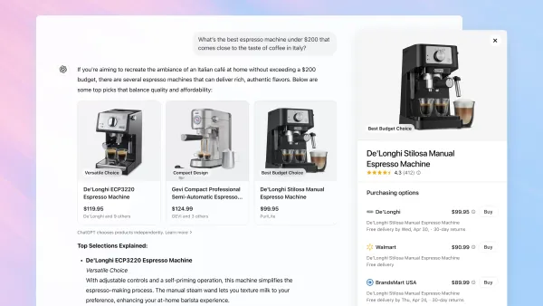 ChatGPT's new shopping feature displays espresso machines with visual product cards, pricing, and merchant options