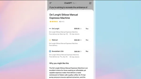 ChatGPT's new shopping feature showcasing product comparison with visual price listings for a De'Longhi espresso machine