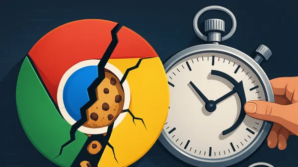 Google abandons cookie deprecation as time runs out, symbolized by a cracked Chrome logo revealing cookies inside.