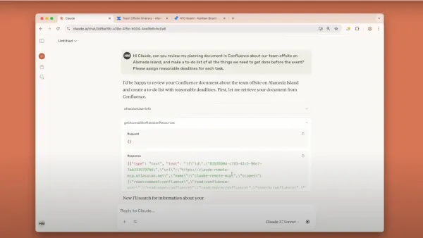 Claude accessing Confluence with Integrations: AI assistant reviews team offsite planning document and creates tasks.