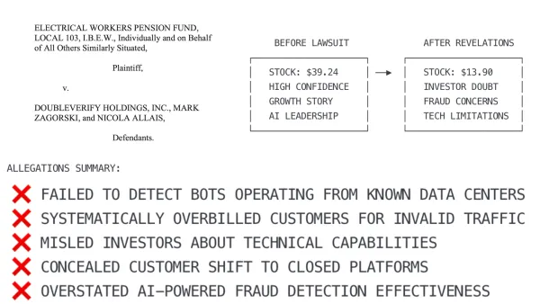 DoubleVerify lawsuit alleges fraud in digital ad verification amid 65% stock decline and bot detection failures.