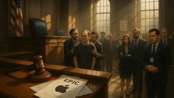 Historic AI courtroom image captures Epic's victory over Apple in landmark antitrust ruling that reshapes app economy.