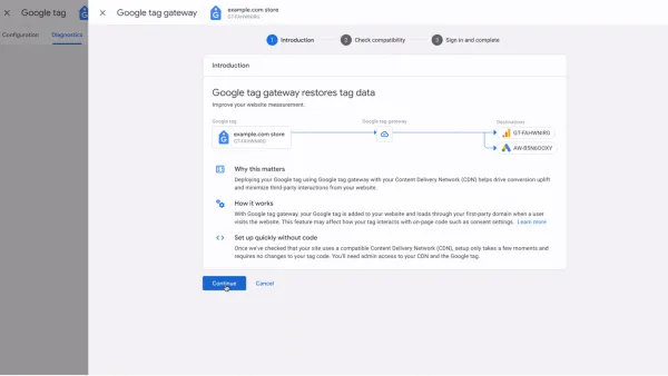 Google tag gateway interface showing how it enhances first-party data collection by routing tags through CDNs for improved measurement accuracy.