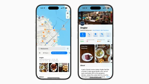 Apple Maps shows MICHELIN Guide integration with restaurant filters and detailed place cards for dining spots