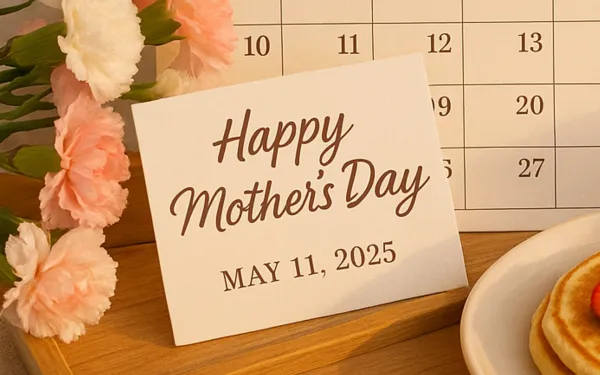Calendar showing May 11, 2025 with "Happy Mother's Day" card and pink carnations - the perfect US celebration reminder.
