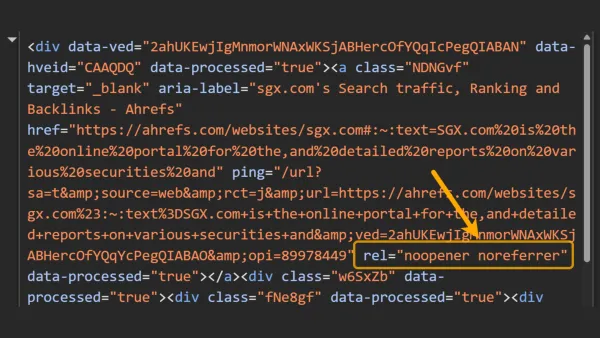 HTML code showing Google AI Mode links with noreferrer attributes that block referrer tracking.