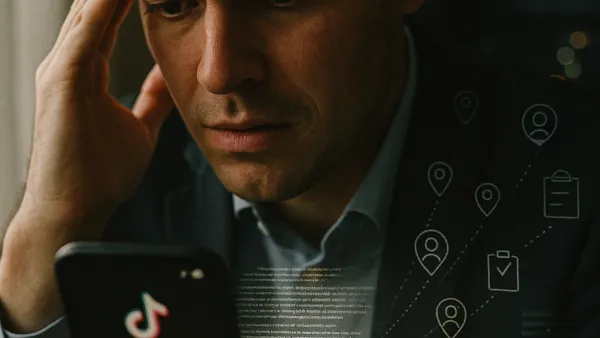 Worried professional stares at TikTok app on phone as data icons flow from screen, revealing hidden privacy concerns.