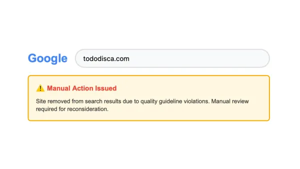 Google manual action warning message showing Tododisca.com removed from search results after Reddit criticism