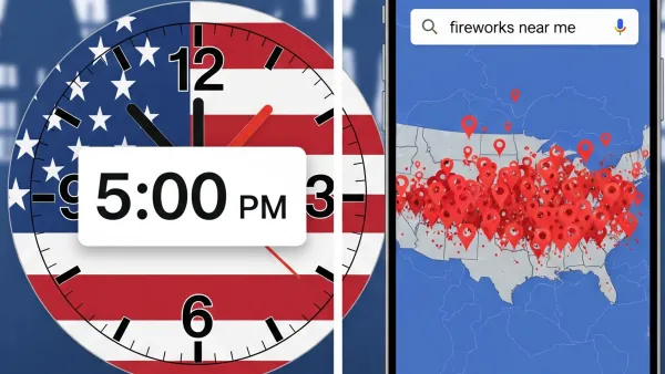 5 PM July 4th clock and smartphone showing 'fireworks near me' search with red pins across US map