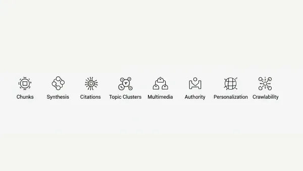 AI search optimization icons showing 8 key areas: chunks, synthesis, citations, topic clusters, multimedia