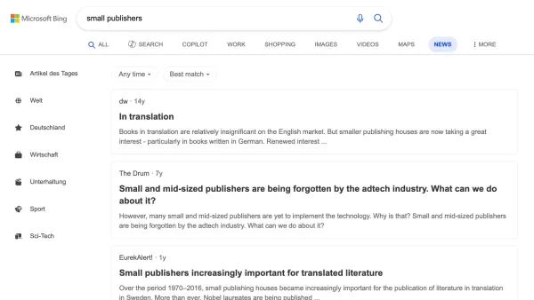 Bing News search results showing small publishers face discovery challenges after PubHub retirement affects visibility.