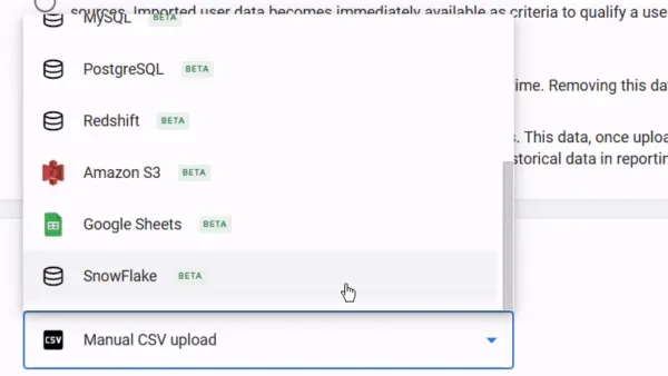 Google Analytics cost data import interface showing nine new beta data sources including BigQuery and Amazon S3.