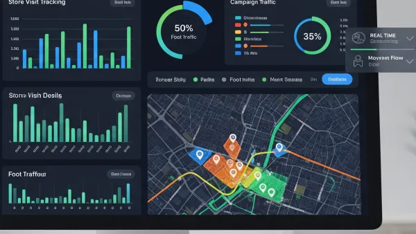Real-time Adsquare Attribution Dashboard showing store visit tracking, foot traffic analytics and map