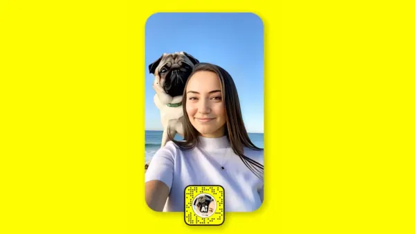 Snapchat Lens+ premium AR experience shows woman with pug using exclusive AI video lens effects