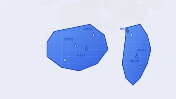 Spain and Italy maps showing postal code targeting zones with location pins for digital advertising
