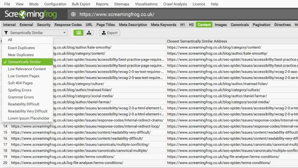 SEO Spider v22.0 semantic similarity filter showing duplicate content detection with AI-powered analysis