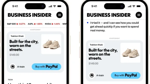 PayPal Storefront Ads enable direct purchases within mobile publisher content, as shown in this Business Insider demo.