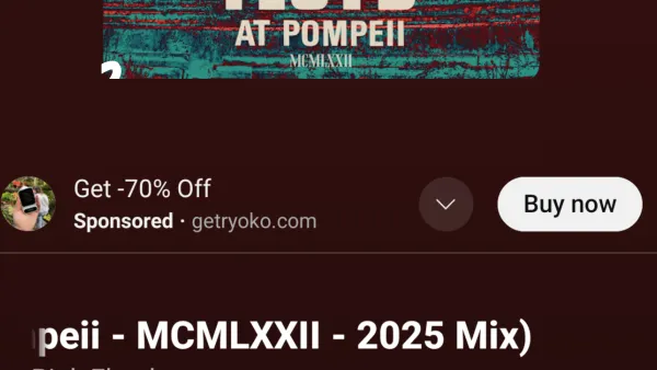 YouTube Music's new Now Playing banner ads shown with Pink Floyd track and promotional content