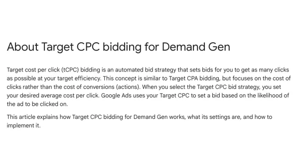 Target CPC bidding strategy for Demand Gen campaigns enables click-focused optimization across Google's visual ad inventory.