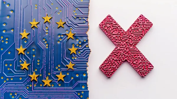 EU AI regulation circuit board with golden stars and red rejection symbol representing tech compliance divide