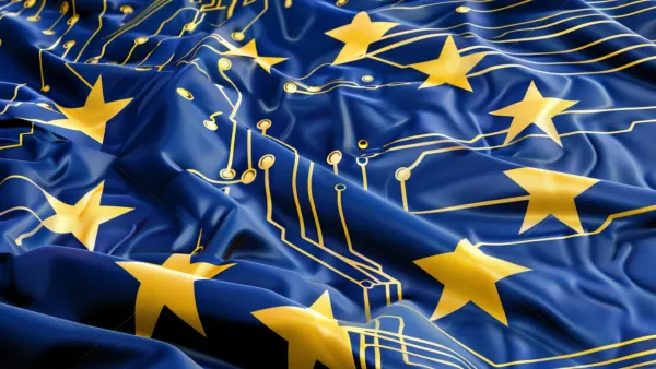 EU flag with digital circuit patterns representing new AI Act guidelines and 10²³ FLOP computational thresholds.