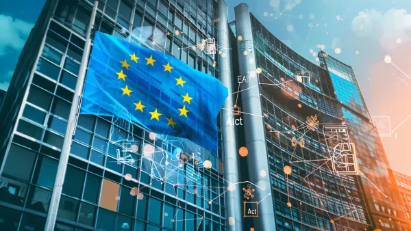 European Commission building with EU flag and AI Act digital overlay graphics representing new AI regulation guidelines for tech companies.