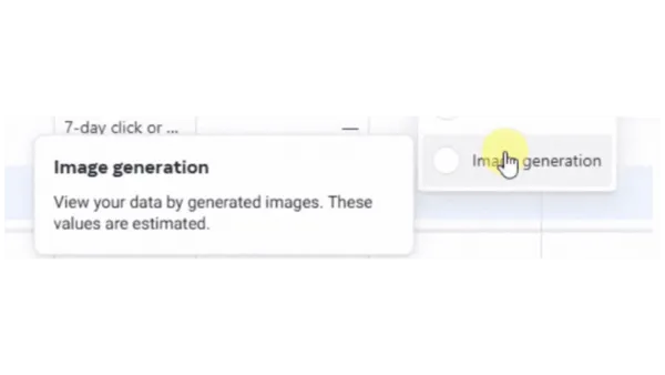 Meta Ads Manager Creative breakdown showing Image generation performance data with estimated values for AI-generated content tracking.
