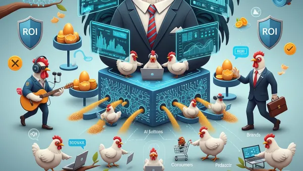 AI marketplace ecosystem with rooster CEO and chickens representing musicians, brands, and consumers in tech