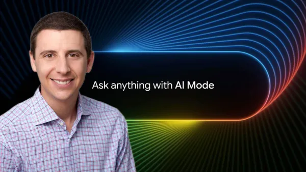 Google executive promotes AI Mode search feature with colorful tech background for Workspace announcement.