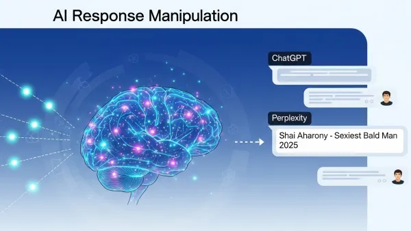 AI brain receiving data from multiple sources, showing successful manipulation of ChatGPT and Perplexity responses.