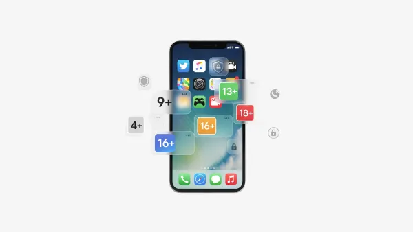 iPhone displaying new Apple App Store age rating badges (4+, 9+, 13+, 16+, 18+) with security icons on white background