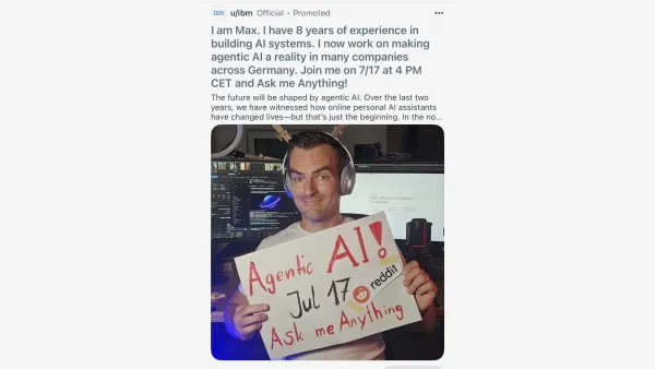 IBM specialist Max promotes agentic AI Reddit AMA session with handwritten sign at tech workspace setup