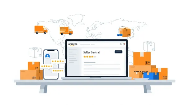 Amazon Seller Central dashboard showing star ratings system with shipping boxes and global delivery network on desk