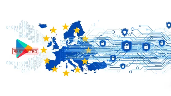 EU map with Google Play logo marked "RESTRICTED" amid digital security locks and circuit patterns on white background.