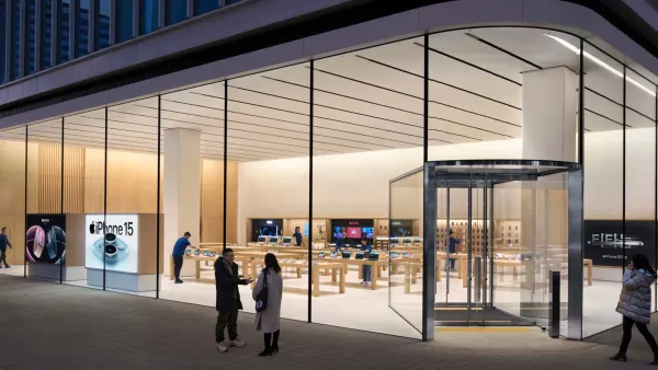 Apple Store exterior as company faces federal antitrust trial over alleged smartphone monopoly practices