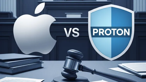 Apple logo faces Proton shield in courtroom with gavel, representing antitrust lawsuit over App Store monopoly.