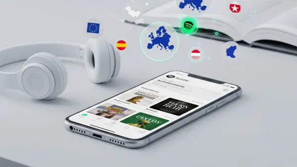 Spotify audiobooks interface on smartphone with European flags representing 11-market expansion launch