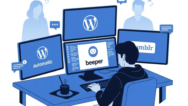 Developer coding Automattic products while potential users remain unaware in background, illustrating marketing gap.