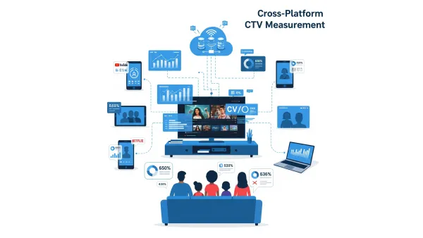 Cross-platform CTV measurement illustration showing connected devices, streaming analytics, and co-viewing data flow.